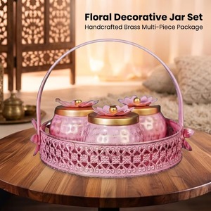 Ensemble de pots décoratifs floraux avec poignée, plateaux ovales en métal faits à la main, design traditionnel, lot multi-pièces - Product Image 2