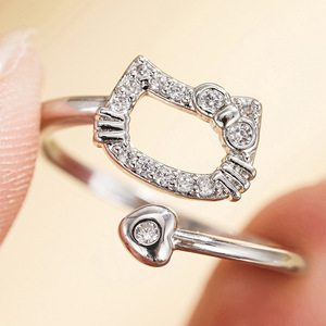 Anello Aperto a Forma di Cuore con Fiocco e Gattino per Donne, Gioiello da Dito Delicato e alla Moda - Product Image 2
