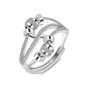 Anillo Giratorio Antiestrés con Cuentas, Ajustable, con Zirconia Pavé, Bañado en Oro Blanco sobre Cobre, Banda Cruzada, Anillos de Piedras Preciosas, de Moda para Mujer - Product Image 5
