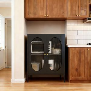 Aparador de Acero Negro Estilo Vintage con Puertas de Vidrio Acanalado Arqueado para Organización del Hogar, Elegante Gabinete de Acero Negro para el Hogar - Product Image 1