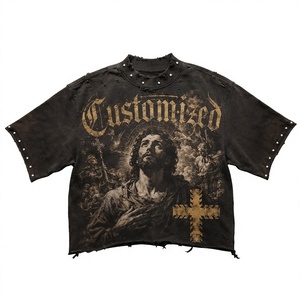 T-shirt Homme Streetwear Oversize en Coton Lourd 300 g/m² Effet Délavé Vintage avec Motif Strass et Épaules Tombantes - Product Image 1