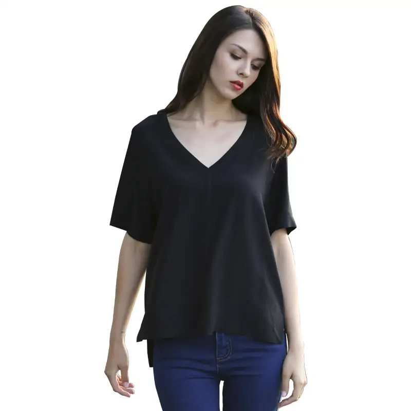 The latest design factory wholesale silk shirt slim V-neck design pure color silk shirt for women