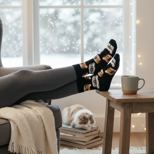 <b>Black</b> Nylon Spandex Casual <b>Socks</b> Cats Wearing Glasses Pattern One Size Free Breathable Knitted for Daily Use Winter Crew/Ankle - Product Image 3