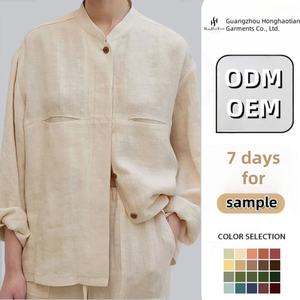 ODM estate autunno cotone cotone naturale organico abiti donna manica lunga canapa <span class=keywords><strong>camicia</strong></span> e pantaloni 2 pezzi Set - Product Image 1