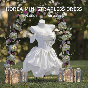 Vestidos de Novia Cortos Estilo Coreano, Corte A, para Bodas y Sesiones de Fotos, sin Tirantes, con Perlas, Hombros Descubiertos, Tafetán, Espalda con Corsé - Product Image 2