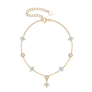 Fine Four Leaf <b>Clover</b> 925 Sterling Silver Chain Link <b>Bracelet</b> with Bezel Set Moissanite Ladies Handmade Customer Jewelry - Product Image 1