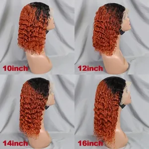 350 gingembre Orange vague d'eau perruques de cheveux humains 13x4 dentelle frontale vague profonde dentelle perruques 200% densité courte bouclée <span class=keywords><strong>Bob</strong></span> perruque pour les femmes - Product Image 2