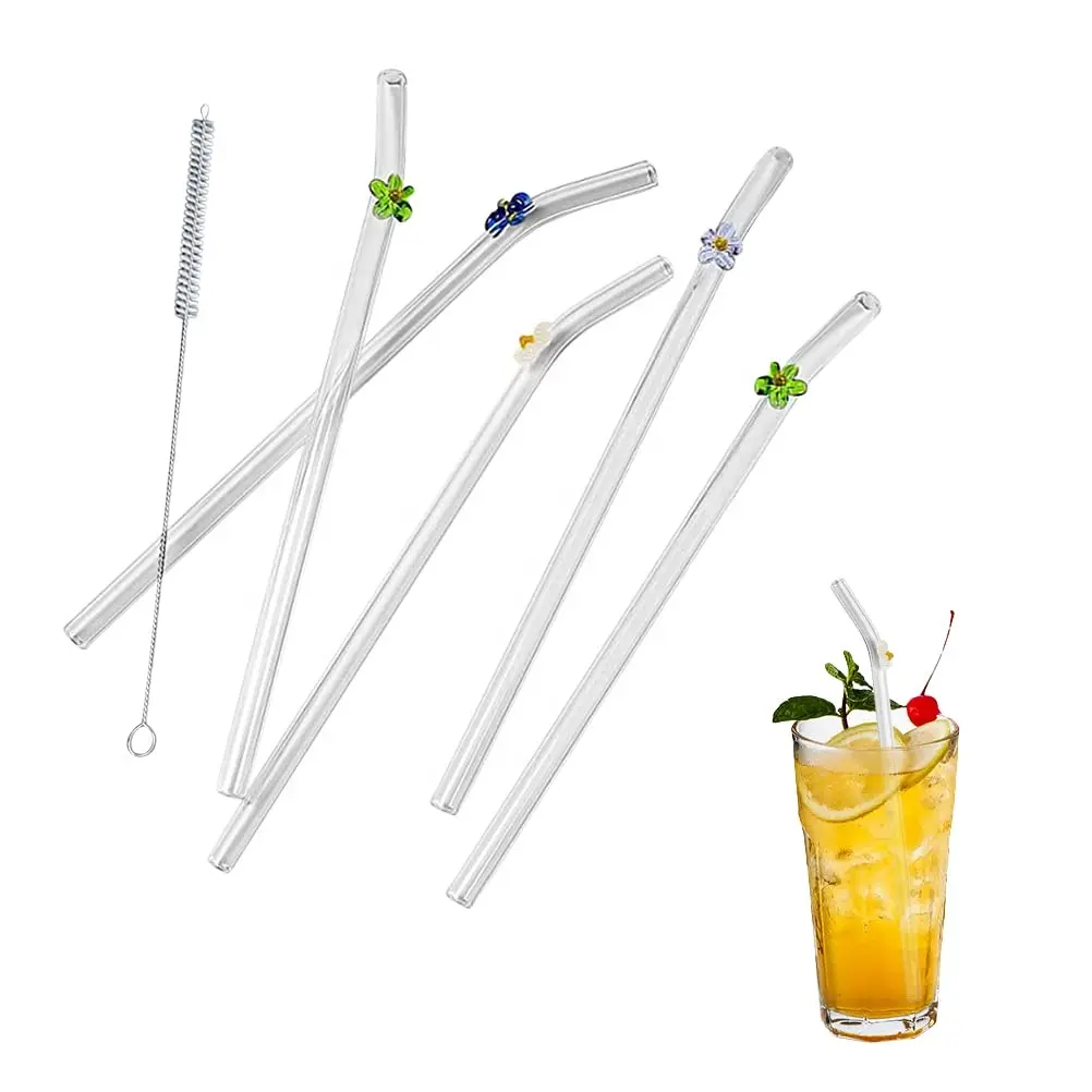 Reusable Glass Straws with Flowers Shatter Resistant Bent Drinking Straws with Cleaning Brush for Hot and Cold Drinks