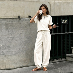 Women's White Knitted Hooded Short Sleeve Top With Drawstring <b>Pants</b> Set Casual Loose Fit Spring <b>Summer</b> 2 Piece Outfit - Product Image 5