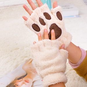 <b>Cat</b> <b>Paw</b> <b>Gloves</b> Warm Plush Half Finger Winter Keep Warm Beige Pink Gray Coffee Rose Red Khaki Navy Blue - Product Image 2