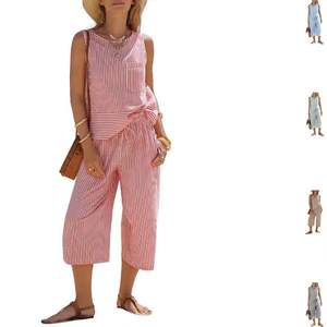 Conjunto de Camisa y Pantalones sin Mangas con Cuello Cuadrado y Rayas Tejidas para Mujer, Transpirable, Casual, Elegante, para Vacaciones de Verano y Playa - Product Image 1