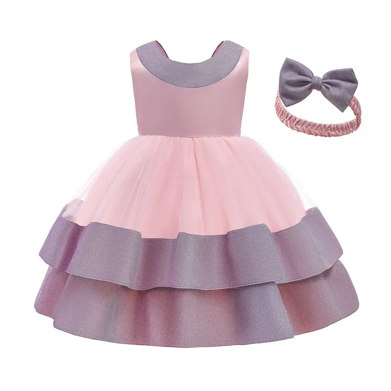 baby girl party dresses sleeveless double hem mesh dress with V neck and bow back+ head band girl dresses wedding kids