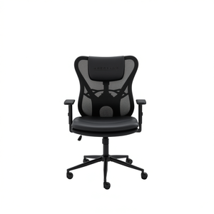 Chaise de bureau DB en cuir noir, réglable en hauteur, pivotante, avec accoudoirs et appui-tête intégré pour usage professionnel - Product Image 1