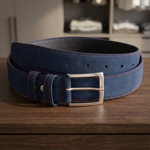Ceinture en cuir véritable bleu marine, en cuir de vache, couleur unie, boucle à ardillon rectangulaire argentée, style formel - Product Image 2