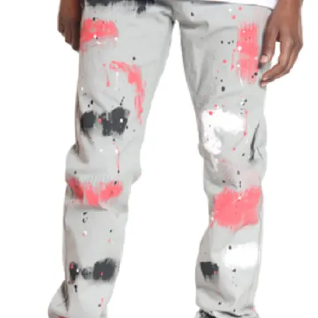 ハイストリートファッション新しい白い落書き塗装ストレッチ卸売男性スキニーパンツ品質パンツデニムパンツジーンズ