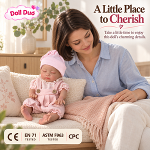 Poupée Reborn en silicone personnalisée DollDuo de 13 pouces, bébé nouveau-né endormi, short rose à bretelles, peinte à la main, cadeau d'Halloween pour enfants - Product Image 3
