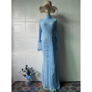 Nuovo Abito Lungo Drappeggiato a Collo Alto Primavera 2026, Stile Francese Chic, Scultoreo, a Maniche Lunghe, Azzurro, Elegante per Feste - Product Image 6