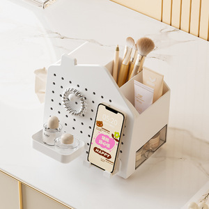 Home Pegboard Storage Box <b>Desktop</b> Multi Functional Tissue Box Remote Holder Bathroom <b>Shelf</b> Creamy White - Product Image 2