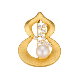 Chinese Style Gourd Brooch Copper Alloy Zircon Freshwater Pearl Gold Brushed Women's Fashion Corsage Gift - Product Image 5
