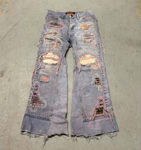 남자의 빈티지 고딕 스트리트 패션 청바지 맞춤 의류 제작 브랜드 눈물 패치 프린지 느슨한 남자 친구 맞춤 - Product Image 4