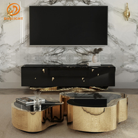 Lemari TV Marmer Hitam Mewah Modern dengan Kaki Emas, Konsol Media Penyimpanan Besar untuk Ruang Tamu, Perabot Rumah