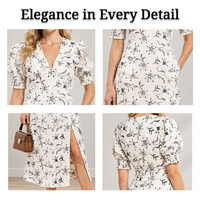 Robe midi à imprimé floral pour femmes, col en V, manches bouffantes courtes, fente latérale, robe d'été décontractée, vente en gros OEM