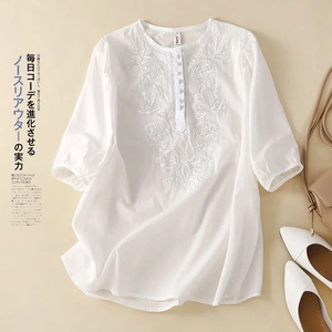 Women's Embroidered Round Neck Blouse Khaki Cotton Linen Loose Fit Vintage Style Everyday Wear - Product Image 2