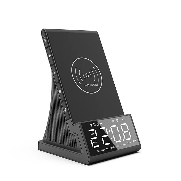 Electronic Gadgets Stand Custom Led Logo Portable 10w Wireless Charger Speaker Smart Desktop Table Alarm Clock
