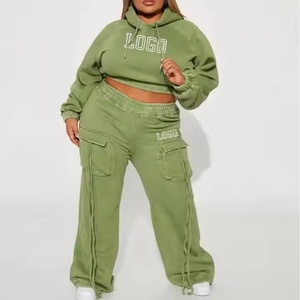 Manufacturer Custom Logo Street <b>Drop</b> Shoulder Pullover Hoodie Double Pocket Loose Jogger 100% Cotton <b>Acid</b> Wash Women Tracksuit - Product Image 2