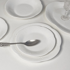 Pure <b>White</b> Embossed Lace Vine Ceramic Oval Plate Porcelain Charger for Home or Wedding Parties for Restaurant Use - Product Image 1