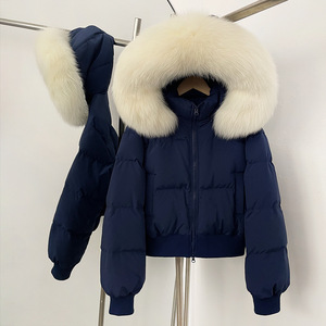 Chaqueta Corta Acolchada Blanca Personalizada para <span class=keywords><strong>Mujer</strong></span>, Chaqueta con Capucha de Piel, Chaqueta de Plumón para <span class=keywords><strong>Mujer</strong></span> - Product Image 6