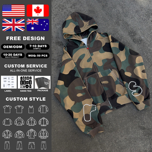 เสื้อฮู้ดดี้โอเวอร์ไซส์ผ้าเฟรนช์เทอร์รี่พิมพ์ลายพรางตัวอักษร 500 GSM แต่งโลโก้ตามสั่ง ประดับมุกและคริสตัล ซิปหน้า ผ้าฟลีซ - Product Image 2