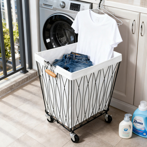Carrito de Lavandería de Alambre Metálico Estilo Nórdico, <span class=keywords><strong>Cesta</strong></span> de Lavandería con Ruedas para Baño, Lavadero y Dormitorio - Product Image 1