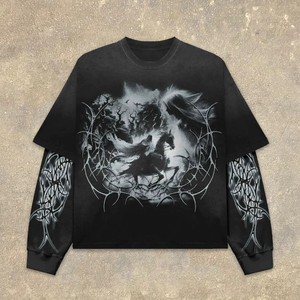 Camiseta de Manga Larga con Cuello Redondo, Estilo Urbano, Lavado Vintage Personalizado, Impresión de Doble Capa, Efecto Desteñido por el Sol, Talla Grande - Product Image 5
