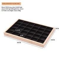 Plateau à bijoux multi-compartiments en bambou à 30 grilles, avec doublure en cuir noir et blanc et velours gris, organisateur d'objets de petite taille