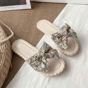 Sandalias de Playa Casuales para Mujer, Estilo Espadrille, Color Crema, con Lazo de Tela Floral, Correa <span class=keywords><strong>Transparente</strong></span>, Suela con Textura de Cuerda, Punta Abierta y Plana - Product Image 1