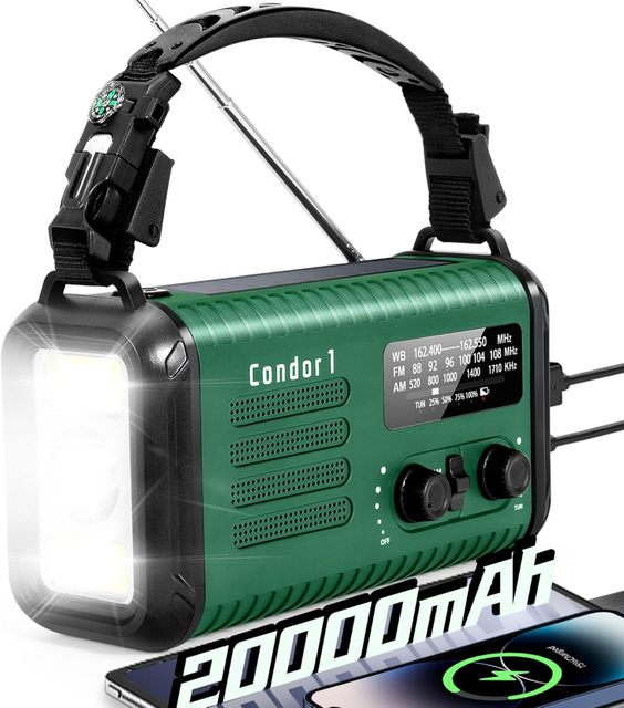 Emergency Crank Radio, 20000mAh / 74000mWh Solar Hand Crank Weather Radio with NOAA/AM/FM