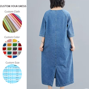 Vendita all'ingrosso <span class=keywords><strong>blu</strong></span> a mezza manica corta tinta unita Casual scollo a V <span class=keywords><strong>lungo</strong></span> <span class=keywords><strong>lungo</strong></span> in cotone Denim Maxi abito da donna <span class=keywords><strong>con</strong></span> tasche - Product Image 2