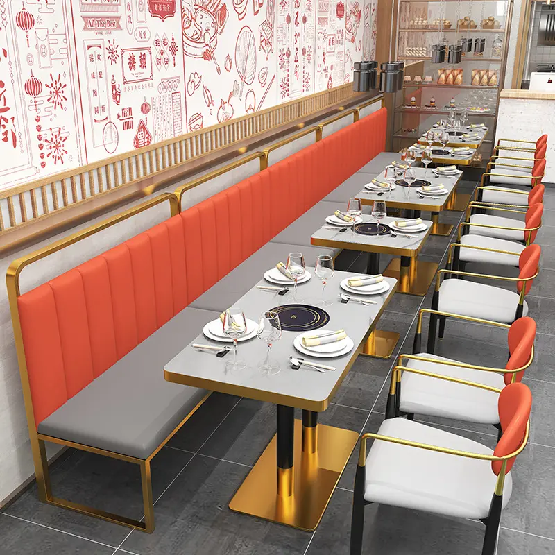 Siège en cuir métallique personnalisé de luxe léger siège de stand de restaurant tables et chaises de restaurant bbq orange avec grill table de hot pot