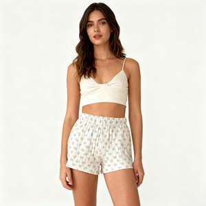 <span class=keywords><strong>Pantalones</strong></span> <span class=keywords><strong>cortos</strong></span> de pijama de algodón elástico con estampado de oso Floral para mujer de cintura alta Primavera Verano moda para el hogar - Product Image 1