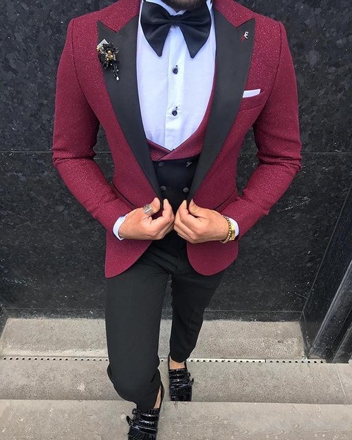 Shop Our Burgundy Black Wedding Prom Men's Suits Collection