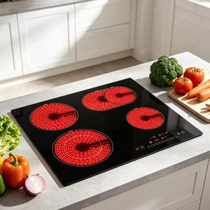 Table <span class=keywords><strong>de</strong></span> cuisson <span class=keywords><strong>vitrocéramique</strong></span> encastrable 7200W 4 zones avec double anneau d'extension, commande tactile, minuterie, 59cm - Product Image 6