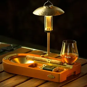 JIFENG JF-T108 luxury Creative Wood and brass Desktop American Style Whiskey glass holder Cigar ash tray set with lamp