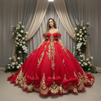 Rotes Ballkleid aus Satin für Quinceañera, Anpassbares Bodenlange Festkleid mit Quasten, Schulterfreies Prinzessinnenkleid in Rot