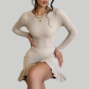 Vestidos Casuales de Chifón Tejido para Otoño, Personalizados al por Mayor, Novedad, Cuello Redondo, Jersey Ajustado de Color Liso, Sexy y Elegante, Mini - Product Image 3