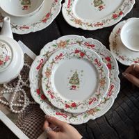 2026 Nieuwe Vintage Rode Kerst & Nieuwjaars Plantenpatroon Keramische Dinerbord Fruitplateau Dessert Schaal Magnetronbestendig