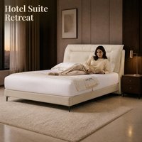 Cadre de lit moderne en bois massif blanc crème élégant, capitonné et rembourré, avec tête de lit cousue pour un lit moelleux, chambre contemporaine