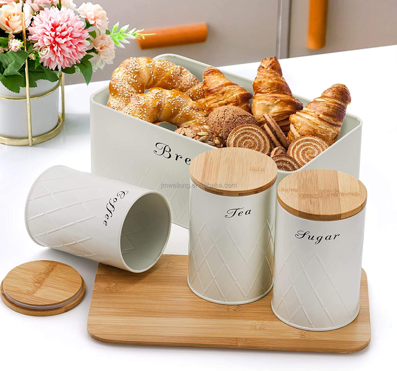 Metal Bread Box Tea Sugar Coffee Jar Storage Canister Set With Bamboo Lid  Kitchen Storage Container Bread Bin Holder