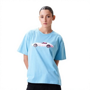 T-shirt décontracté pour femme, bleu clair, col rond, manches courtes, imprimé motif voiture, coupe ample, en jersey, pour printemps et été - Product Image 4