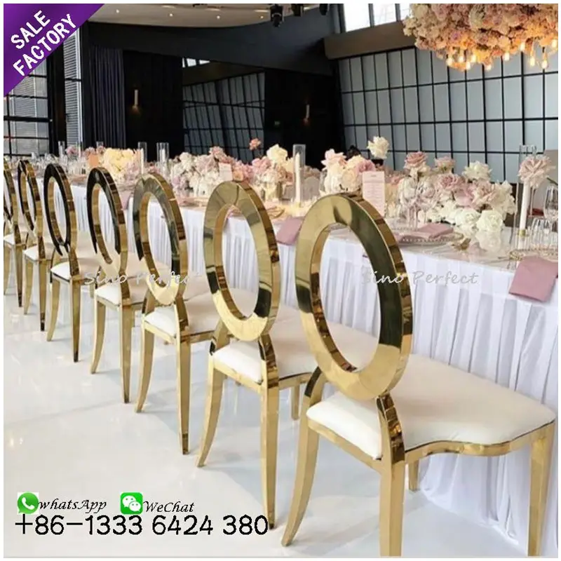 中国ダイニングからのディナー宴会椅子のためのゴールデンステンレス鋼高級イベントチェア結婚式ラウンドバック工場価格